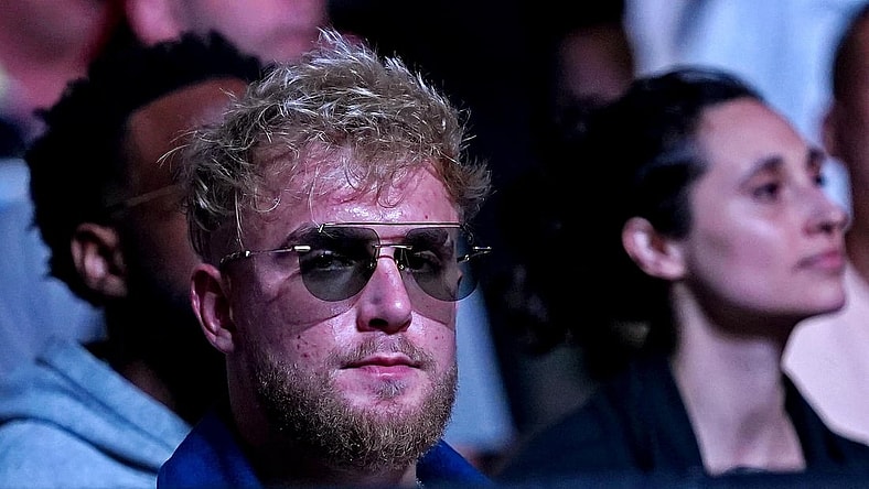Apr 24, 2021; Jacksonville, Florida, USA; YouTube start Jake Paul looks on before Anthony Smith (Red Gloves) fights Jimmy Crute (Blue Gloves) during UFC 261 at VyStar Veterans Memorial Arena. Mandatory Credit: Jasen Vinlove-USA TODAY Sports