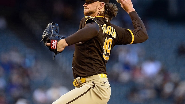 Apr 27, 2021; Phoenix, Arizona, USA; San Diego Padres starting pitcher Chris Paddack (59) pitches against the Arizona Diamondbacks during the first inning at Chase Field. Mandatory Credit: Joe Camporeale-USA TODAY Sports