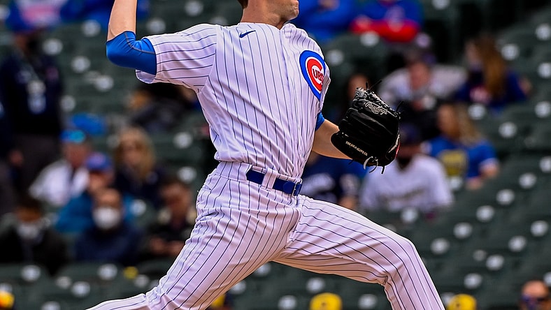 Apr 23, 2021; Chicago, Illinois, USA;  Chicago Cubs starting pitcher Kyle Hendricks (28) delivers against the Milwaukee Brewers in the first inning at Wrigley Field. Mandatory Credit: Matt Marton-USA TODAY Sports