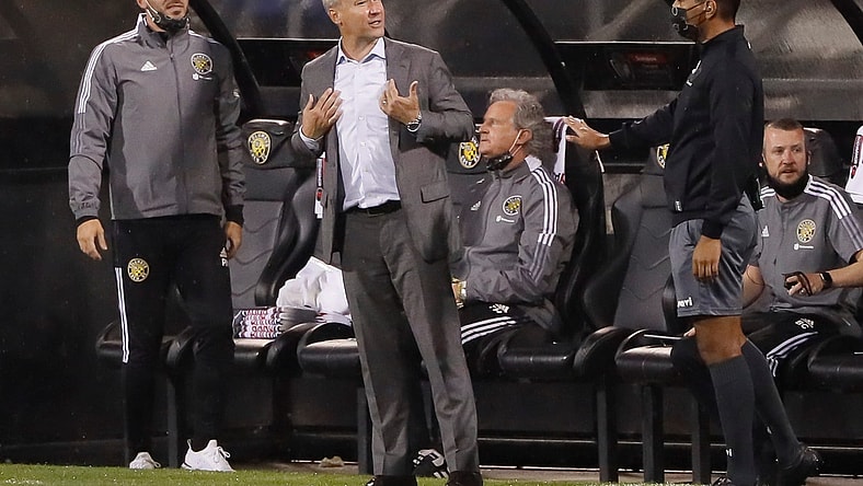 Columbus Crew SC head coach Caleb Porter reacts from the bench in the second half of the first leg of the CONCACAF Champions League quarterfinals against CF Monterrey at Crew Stadium in Columbus on Wednesday, April 28, 2021. The teams tied 2-2.

Columbus Crew Sc Vs Cf Monterrey