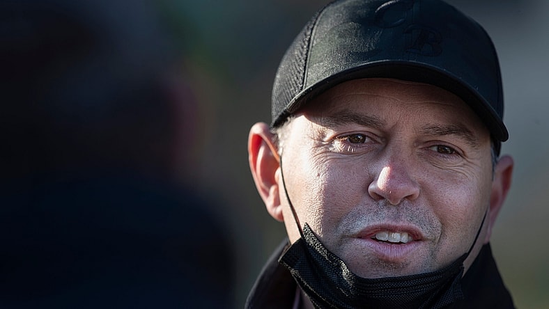 Trainer Chad Brown speaks to the media on the backside of Churchill Downs. Brown trained Kentucky Derby hopeful Highly Motivated. April 20, 2021

Af5i6073