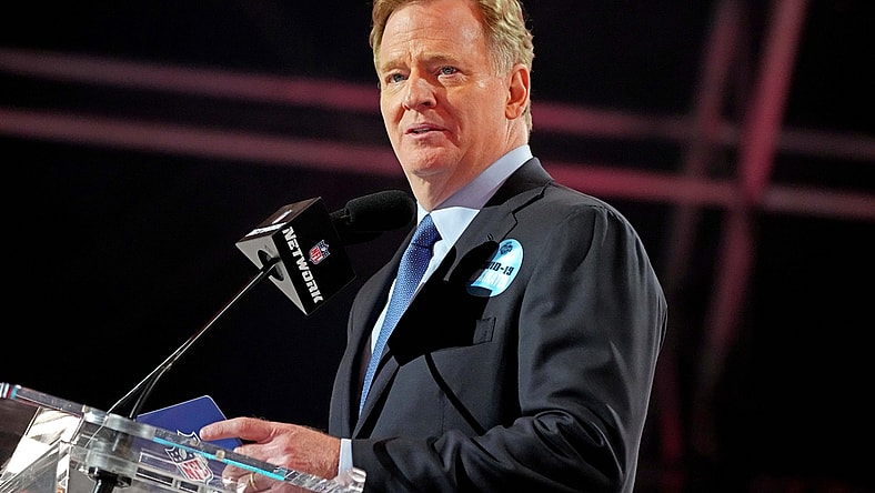 Apr 29, 2021; Cleveland, Ohio, USA; NFL commissioner Roger Goodell announces the final pick of the 2021 NFL Draft for the Tampa Bay Buccaneers at First Energy Stadium. Mandatory Credit: Kirby Lee-USA TODAY Sports
