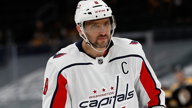 Apr 18, 2021; Boston, Massachusetts, USA; Washington Capitals left wing Alex Ovechkin (8) during the second period against the Boston Bruins at TD Garden. Mandatory Credit: Winslow Townson-USA TODAY Sports