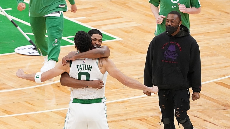 Apr 30, 2021; Boston, Massachusetts, USA; Boston Celtics forward Jayson Tatum (0) and center Tristan Thompson (13) react after defeating the San Antonio Spurs in overtime at TD Garden. Mandatory Credit: David Butler II-USA TODAY Sports