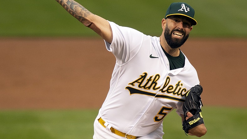 Apr 30, 2021; Oakland, California, USA; Oakland Athletics starting pitcher Mike Fiers (50) delivers a pitch against the Baltimore Orioles during the second inning at RingCentral Coliseum. Mandatory Credit: D. Ross Cameron-USA TODAY Sports