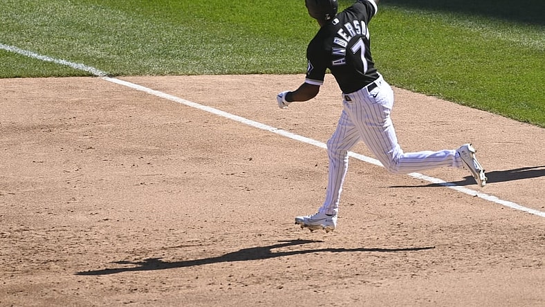 May 1, 2021; Chicago, Illinois, USA;  Chicago White Sox shortstop Tim Anderson (7) after hitting a grand slam against the Cleveland Indians in the second inning at Guaranteed Rate Field. Mandatory Credit: Matt Marton-USA TODAY Sports