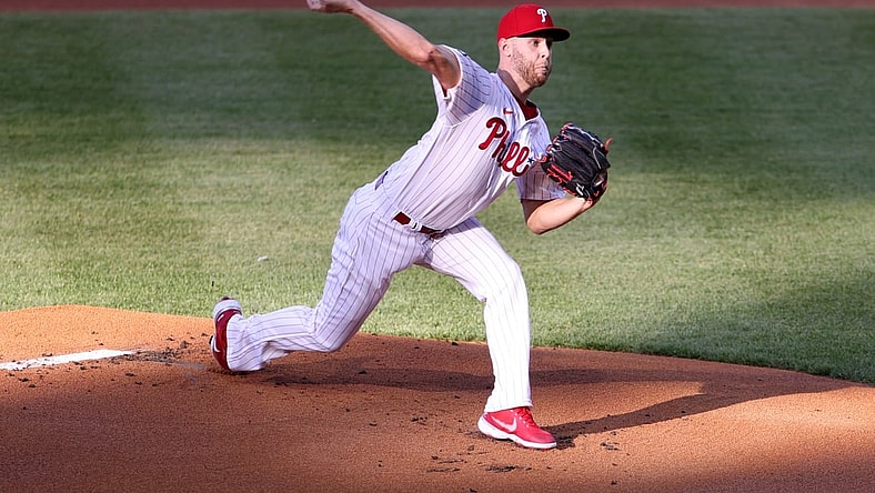 May 1, 2021; Philadelphia, Pennsylvania, USA; Philadelphia Phillies starting pitcher Zack Wheeler (45) throws against the New York Mets in the first inning at Citizens Bank Park. Mandatory Credit: Kam Nedd-USA TODAY Sports