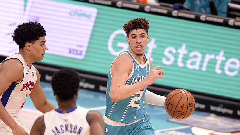 May 1, 2021; Charlotte, North Carolina, USA;  Charlotte Hornets guard LaMelo Ball (2) drives down court during the second half against the Detroit Pistons at the Spectrum Center. Hornets win 107-94. Mandatory Credit: Sam Sharpe-USA TODAY Sports