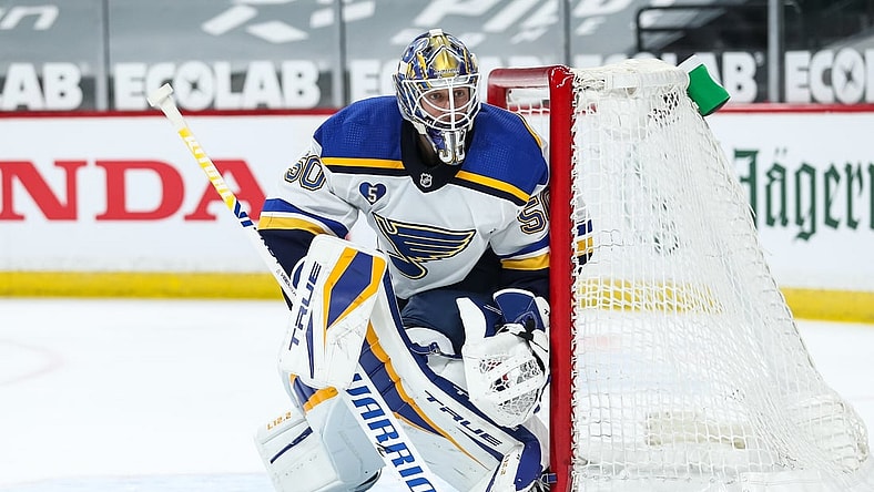 Apr 28, 2021; Saint Paul, Minnesota, USA; St. Louis Blues goaltender Jordan Binnington (50) looks on against the Minnesota Wild in the second period at Xcel Energy Center. Mandatory Credit: David Berding-USA TODAY Sports