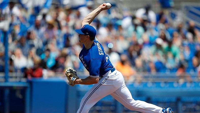 May 2, 2021; Dunedin, Florida, USA; Toronto Blue Jays pitcher Ross Stripling (48) throws a pitch in the first inning against the Atlanta Braves at TD Ballpark. Mandatory Credit: Nathan Ray Seebeck-USA TODAY Sports