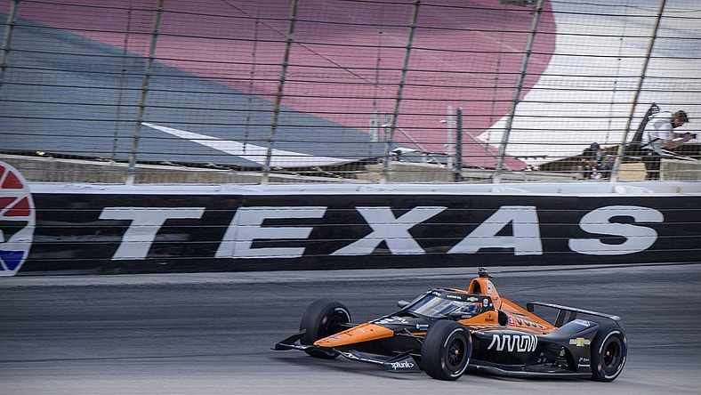 May 2, 2021; Fort Worth, Texas, USA; Arrow McLaren SP driver Pato O'Ward (5) of Mexico during the running of the Xpel 375 IndyCar race at Texas Motor Speedway. Mandatory Credit: Jerome Miron-USA TODAY Sports