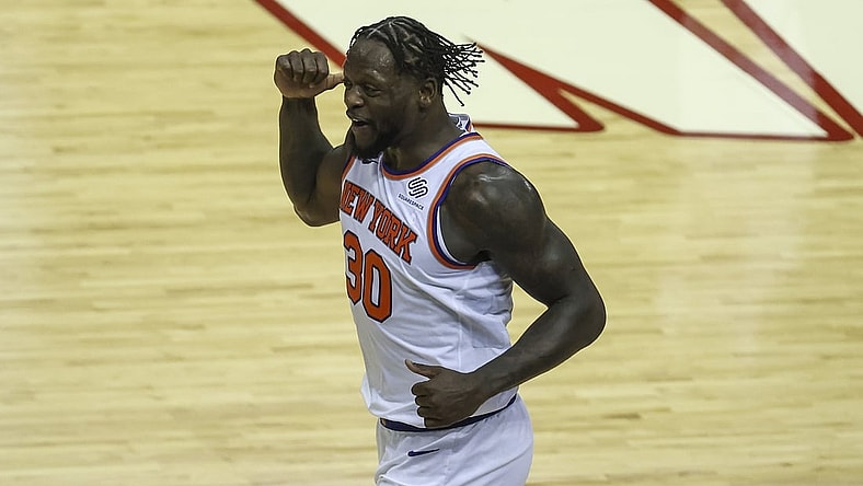 May 2, 2021; Houston, Texas, USA; New York Knicks forward Julius Randle (30) reacts after a play during the third quarter against the Houston Rockets at Toyota Center. Mandatory Credit: Troy Taormina-USA TODAY Sports