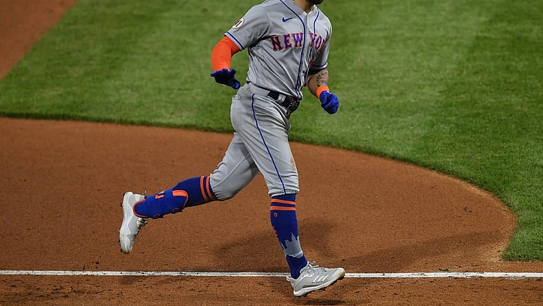 May 2, 2021; Philadelphia, Pennsylvania, USA; New York Mets center fielder Kevin Pillar (11) rounds the bases after hitting a home run in the eighth inning against the Philadelphia Phillies at Citizens Bank Park. Mandatory Credit: Kyle Ross-USA TODAY Sports