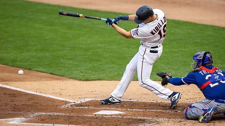 May 3, 2021; Minneapolis, Minnesota, USA; Minnesota Twins first baseman Alex Kirilloff (19) hits a double during the second inning against the Texas Rangers at Target Field. Mandatory Credit: Jordan Johnson-USA TODAY Sports
