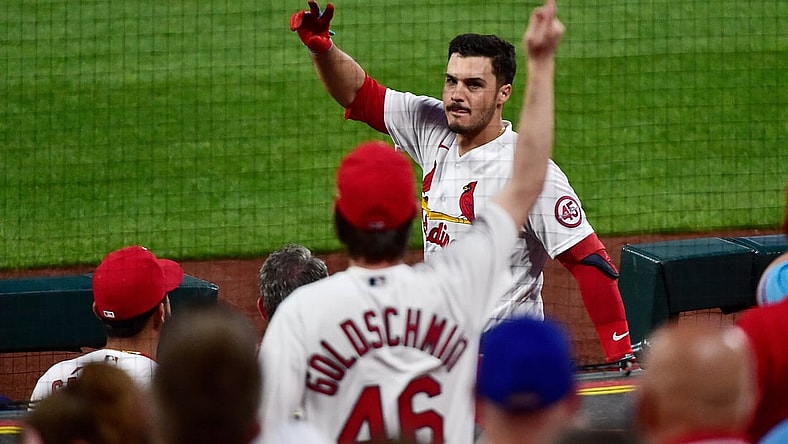 May 3, 2021; St. Louis, Missouri, USA;  St. Louis Cardinals third baseman Nolan Arenado (28) salutes the fans as he receives a standing ovation after hitting a three run home run during the third inning against the New York Mets at Busch Stadium. Mandatory Credit: Jeff Curry-USA TODAY Sports