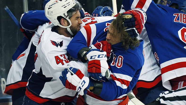 May 3, 2021; New York, New York, USA;   Tom Wilson #43 of the Washington Capitals takes a roughing penalty during the second period against Artemi Panarin #10 of the New York Rangers at Madison Square Garden. Mandatory Credit:  Bruce Bennett/POOL PHOTOS-USA TODAY Sports