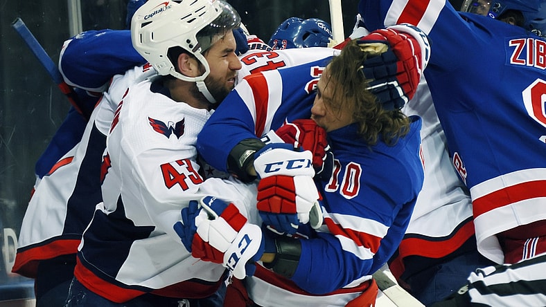May 3, 2021; New York, New York, USA;   Tom Wilson #43 of the Washington Capitals takes a roughing penalty during the second period against Artemi Panarin #10 of the New York Rangers at Madison Square Garden. Mandatory Credit:  Bruce Bennett/POOL PHOTOS-USA TODAY Sports