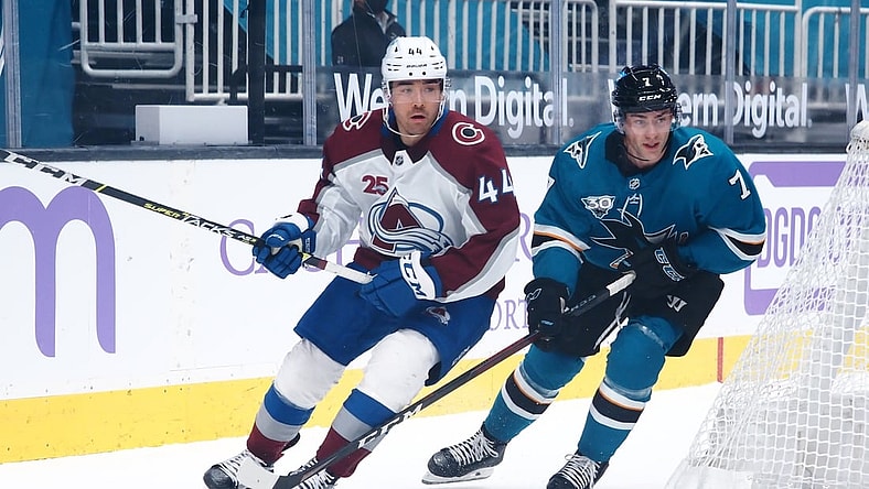 May 3, 2021; San Jose, California, USA; Colorado Avalanche left wing Kiefer Sherwood (44) and San Jose Sharks center Dylan Gambrell (7) chase down the puck during the first period at SAP Center at San Jose. Mandatory Credit: Kelley L Cox-USA TODAY Sports