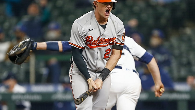 May 3, 2021; Seattle, Washington, USA; Baltimore Orioles right fielder Austin Hays (21) reacts after striking out to end the fifth inning against the Seattle Mariners at T-Mobile Park. Mandatory Credit: Joe Nicholson-USA TODAY Sports