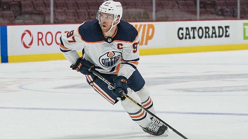 May 3, 2021; Vancouver, British Columbia, CAN;  Edmonton Oilers forward Connor McDavid (97) skates against the Vancouver Canucks in the third period at Rogers Arena. Oilers won 5-3. Mandatory Credit: Bob Frid-USA TODAY Sports