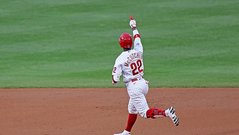 May 4, 2021; Philadelphia, Pennsylvania, USA; Philadelphia Phillies left fielder Andrew McCutchen (22) gestures as he rounds the bases for a home run against the Milwaukee Brewers in the first inning at Citizens Bank Park. Mandatory Credit: Kam Nedd-USA TODAY Sports