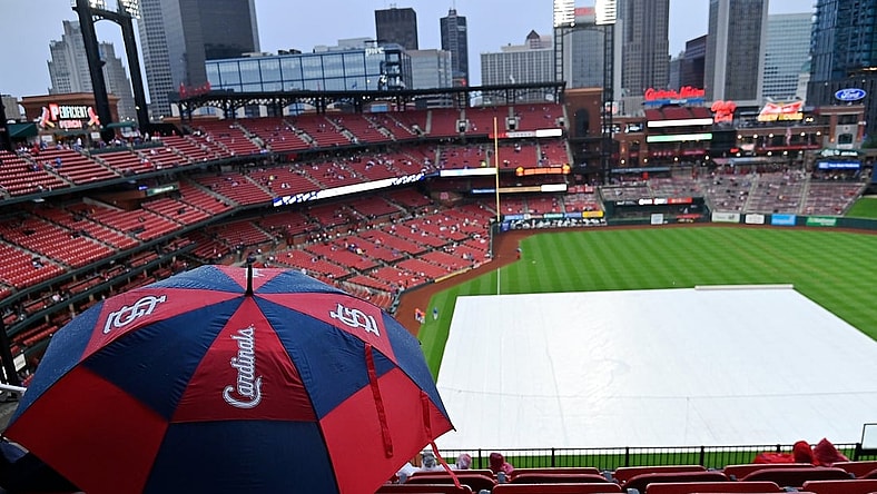 May 4, 2021; St. Louis, Missouri, USA;  Fans sit in the seats as storms move through the area prior to a game between the St. Louis Cardinals and the New York Mets at Busch Stadium. The game was postponed and will be made up May 5, 2021 as a doubleheader. Mandatory Credit: Jeff Curry-USA TODAY Sports