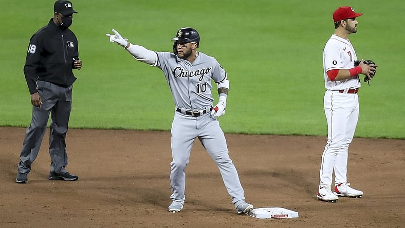 May 4, 2021; Cincinnati, Ohio, USA; Chicago White Sox third baseman Yoan Moncada (10) reacts after hitting a double against the Cincinnati Reds during the third inning at Great American Ball Park. Mandatory Credit: Katie Stratman-USA TODAY Sports