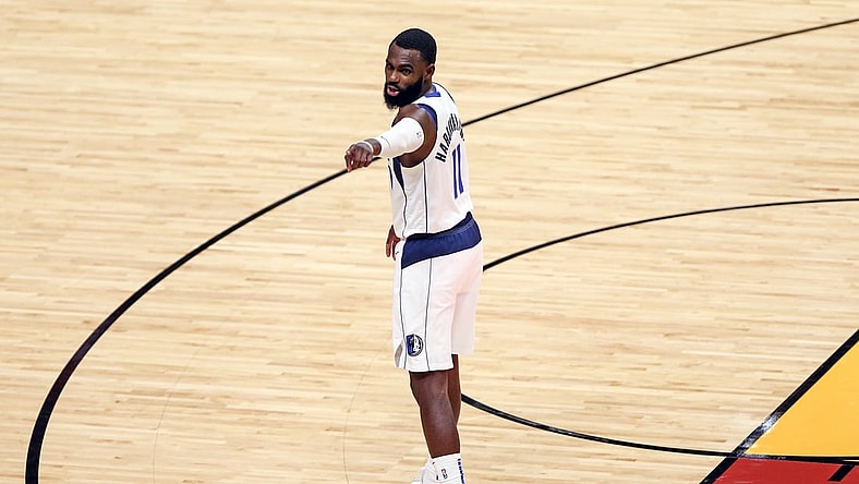 May 4, 2021; Miami, Florida, USA; Dallas Mavericks forward Tim Hardaway Jr. (11) reacts toward the bench against the Miami Heat during the second half at American Airlines Arena. Mandatory Credit: Sam Navarro-USA TODAY Sports