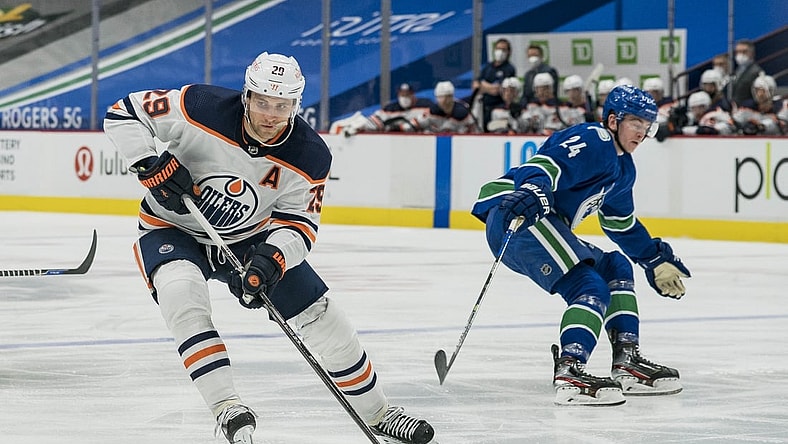 May 4, 2021; Vancouver, British Columbia, CAN; Edmonton Oilers forward Leon Draisaitl (29) skates against the Vancouver Canucks  in the second period at Rogers Arena. Mandatory Credit: Bob Frid-USA TODAY Sports