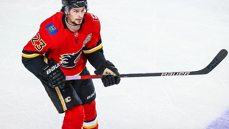 Apr 24, 2021; Calgary, Alberta, CAN; Calgary Flames center Sean Monahan (23) skates against the Montreal Canadiens during the second period at Scotiabank Saddledome. Mandatory Credit: Sergei Belski-USA TODAY Sports