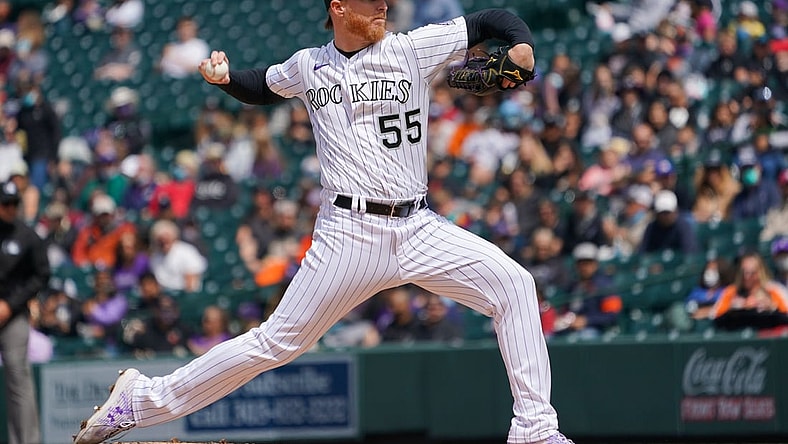 May 5, 2021; Denver, Colorado, USA; Colorado Rockies starting pitcher Jon Gray (55) delivers a pitch during the first inning against the San Francisco Giants at Coors Field. Mandatory Credit: Troy Babbitt-USA TODAY Sports
