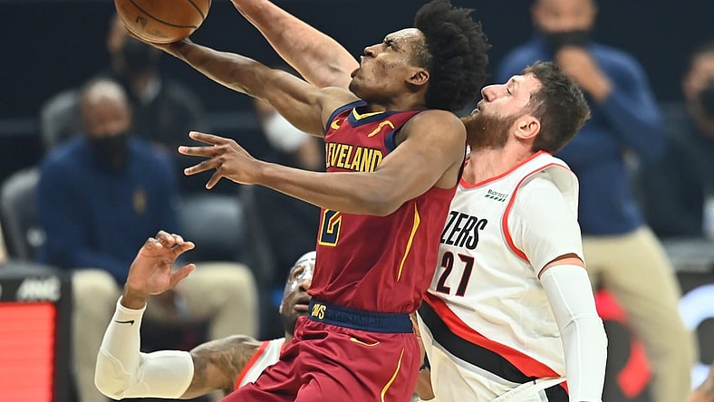 May 5, 2021; Cleveland, Ohio, USA; Cleveland Cavaliers guard Collin Sexton (2) drives to the basket against Portland Trail Blazers center Jusuf Nurkic (27) during the first quarter at Rocket Mortgage FieldHouse. Mandatory Credit: Ken Blaze-USA TODAY Sports