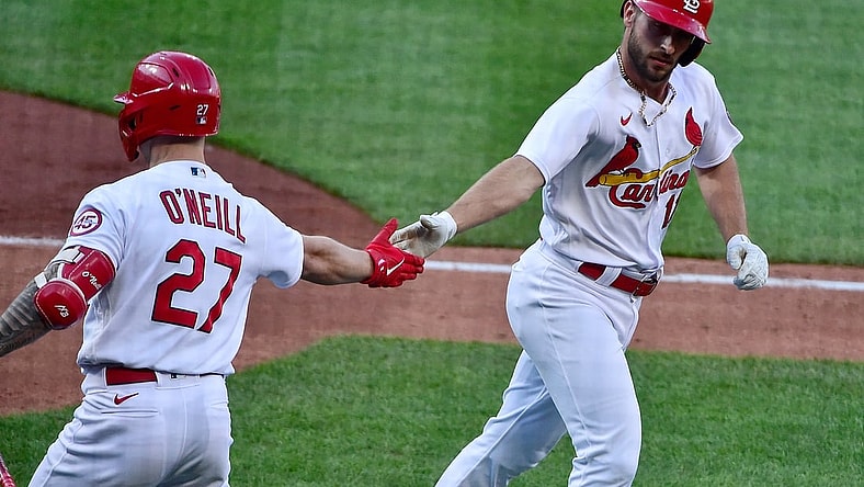 May 5, 2021; St. Louis, Missouri, USA;  St. Louis Cardinals shortstop Paul DeJong (11) is congratulated by left fielder Tyler O'Neill (27) after hitting a two run home run during the fifth inning against the New York Mets in game one of a doubleheader at Busch Stadium. Mandatory Credit: Jeff Curry-USA TODAY Sports