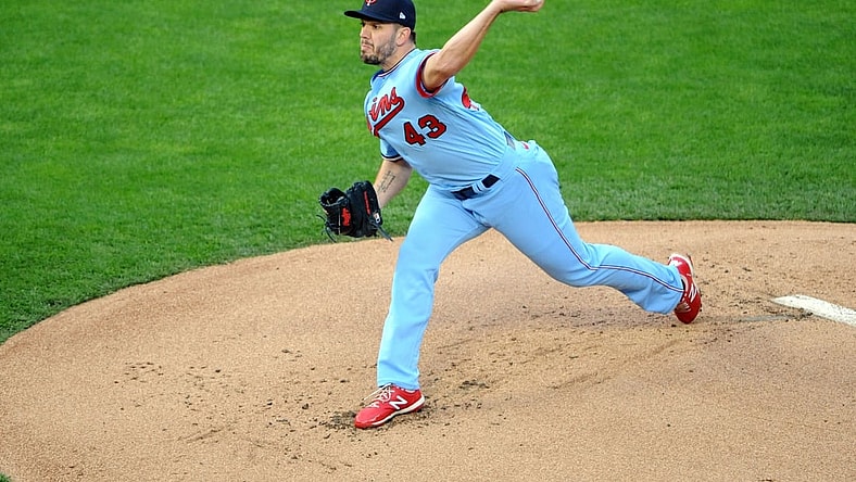 May 5, 2021; Minneapolis, Minnesota, USA; Minnesota Twins pitcher Lewis Thorpe (43) delivers a pitch during the first inning against the Texas Rangers at Target Field. Mandatory Credit: Marilyn Indahl-USA TODAY Sports