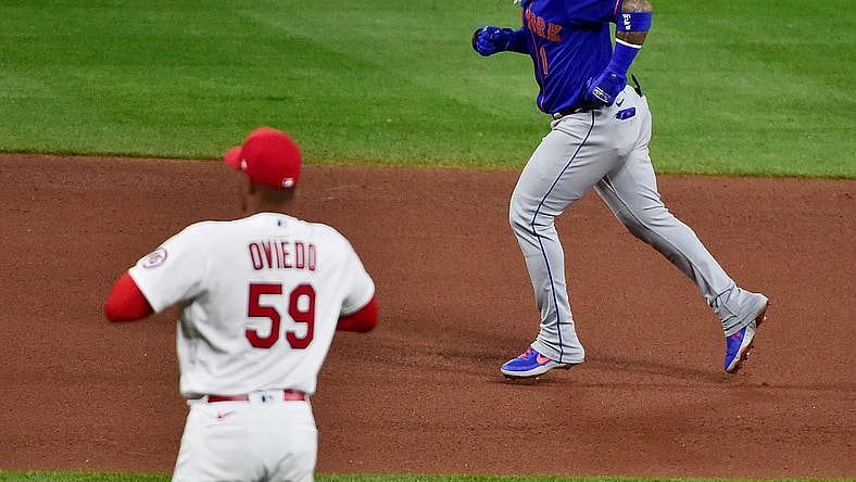 May 5, 2021; St. Louis, Missouri, USA;  New York Mets shortstop Jonathan Villar (1) runs the bases after hitting a solo home run off of St. Louis Cardinals starting pitcher Johan Oviedo (59) during the fourth inning in game two of a doubleheader at Busch Stadium. Mandatory Credit: Jeff Curry-USA TODAY Sports