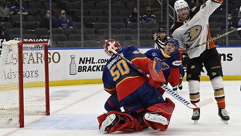 May 5, 2021; St. Louis, Missouri, USA; Anaheim Ducks left wing Max Jones (49) reacts after scoring a goal against the St. Louis Blues in the second period at Enterprise Center. Mandatory Credit: Jeff Le-USA TODAY Sports