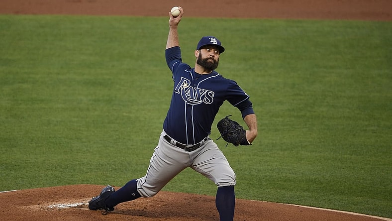 May 5, 2021; Anaheim, California, USA; Tampa Bay Rays starting pitcher Andrew Kittredge (36) delivers a pitch during the first inning against the Los Angeles Angels at Angel Stadium. Mandatory Credit: Kelvin Kuo-USA TODAY Sports