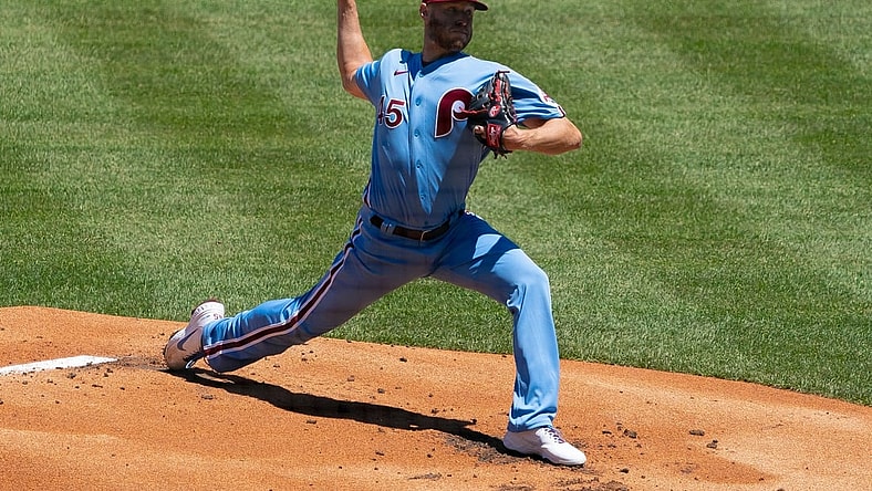May 6, 2021; Philadelphia, Pennsylvania, USA; Philadelphia Phillies starting pitcher Zack Wheeler (45) pitches during the first inning against the Milwaukee Brewersat Citizens Bank Park. Mandatory Credit: Bill Streicher-USA TODAY