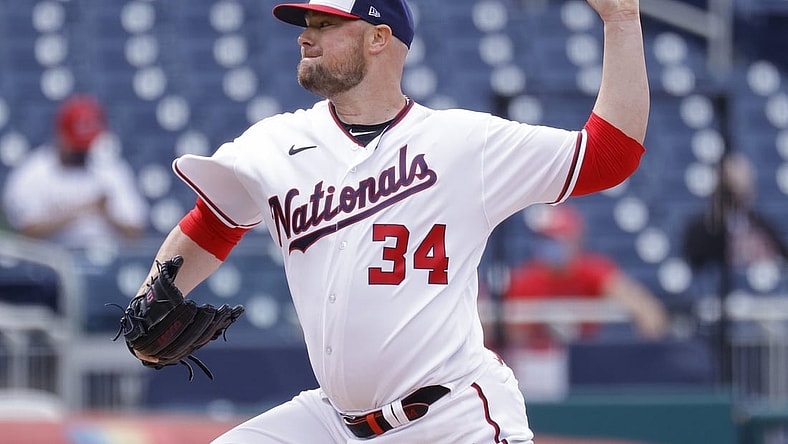 May 6, 2021; Washington, District of Columbia, USA; Washington Nationals starting pitcher Jon Lester (34) pitches against the Atlanta Braves in the second inning at Nationals Park. Mandatory Credit: Geoff Burke-USA TODAY Sports