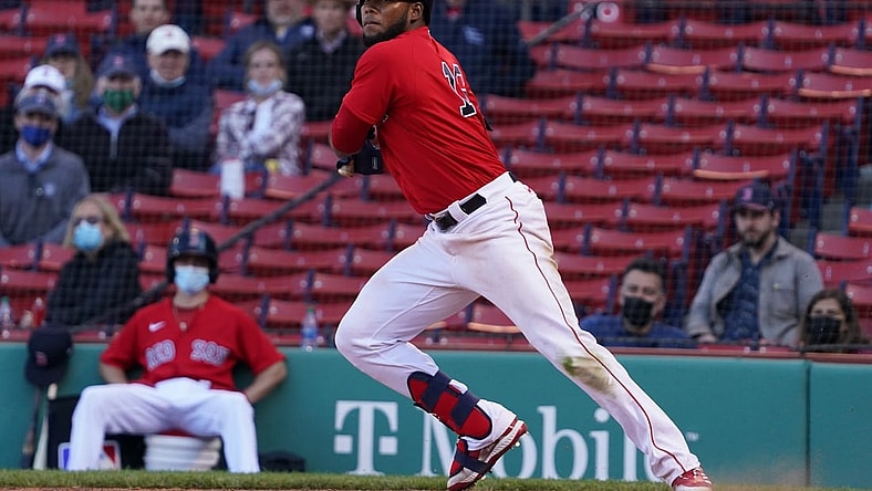 May 6, 2021; Boston, Massachusetts, USA; Boston Red Sox center fielder Franchy Cordero (16) gets a base hit against the Detroit Tigers in the eighth inning at Fenway Park. Mandatory Credit: David Butler II-USA TODAY Sports