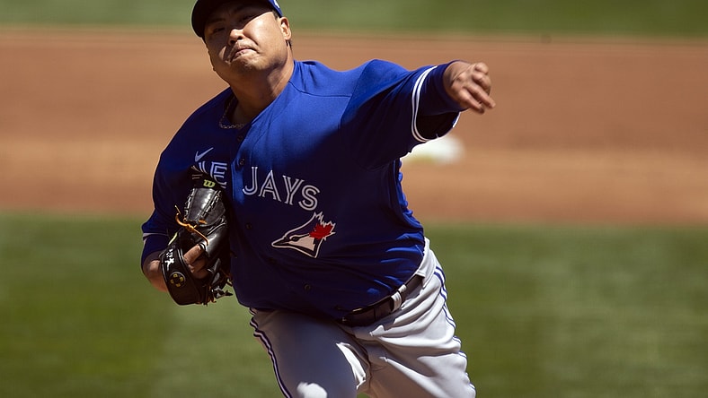 May 6, 2021; Oakland, California, USA; Toronto Blue Jays starting pitcher Hyun Jin Ryu (99) delivers a pitch against the Oakland Athletics during the second inning at RingCentral Coliseum. Mandatory Credit: D. Ross Cameron-USA TODAY Sports