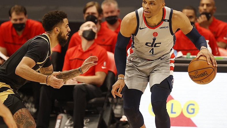 May 6, 2021; Tampa, Florida, USA;Washington Wizards guard Russell Westbrook (4) drives to the basket against the Toronto Raptors during the second half at Amalie Arena. Mandatory Credit: Kim Klement-USA TODAY Sports