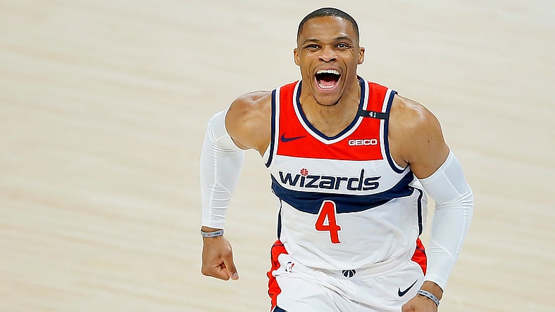 Washington's Russell Westbrook (4) shouts before an April 23 game against the Thunder.Lx12074