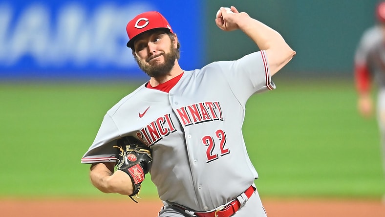 May 7, 2021; Cleveland, Ohio, USA; Cincinnati Reds starting pitcher Wade Miley (22) throws a pitch during the first inning against the Cleveland Indians at Progressive Field. Mandatory Credit: Ken Blaze-USA TODAY Sports