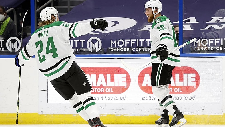May 7, 2021; Tampa, Florida, USA; Dallas Stars center Joe Pavelski (16) is congratulated after scoring a goal on Tampa Bay Lightning during the second period at Amalie Arena. Mandatory Credit: Kim Klement-USA TODAY Sports