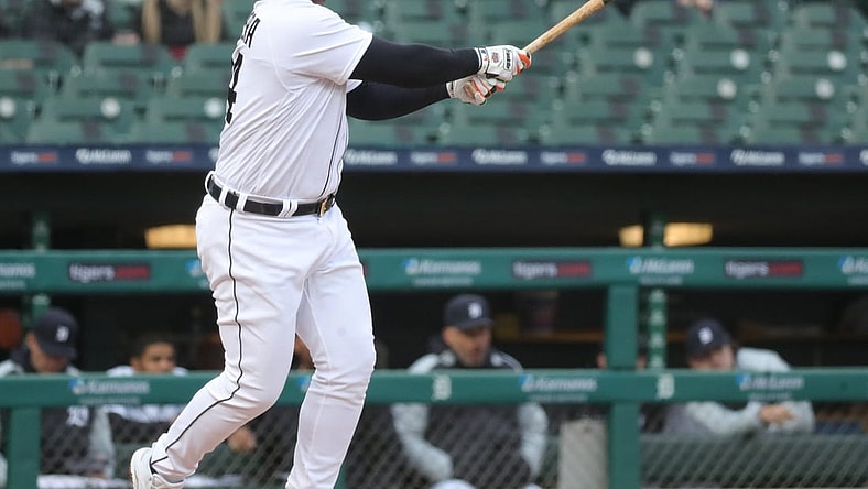 Detroit Tigers first baseman Miguel Cabrera (24) singles against Minnesota Twins starting pitcher Matt Shoemaker (32) during second inning action on Friday, May 7, 2021, at Comerica Park in Detroit.

Tigers Minn1