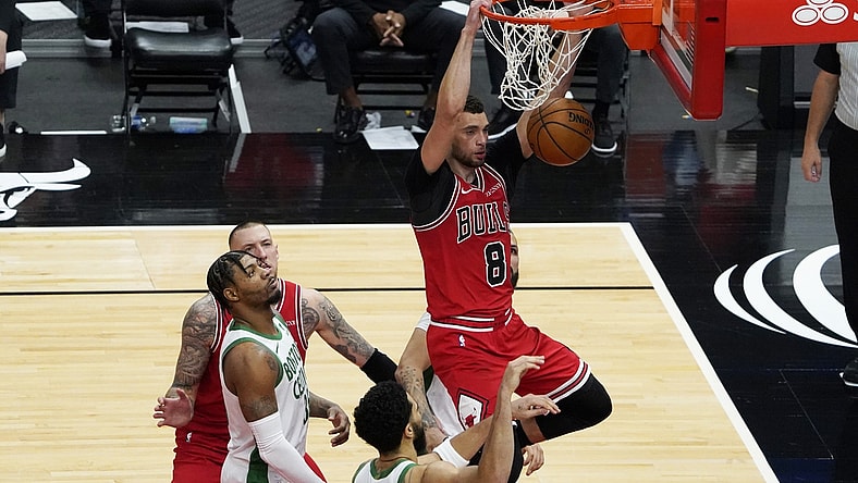 May 7, 2021; Chicago, Illinois, USA; Chicago Bulls guard Zach LaVine (8) dunks the ball against the Boston Celtics during the second half at United Center. Mandatory Credit: David Banks-USA TODAY Sports