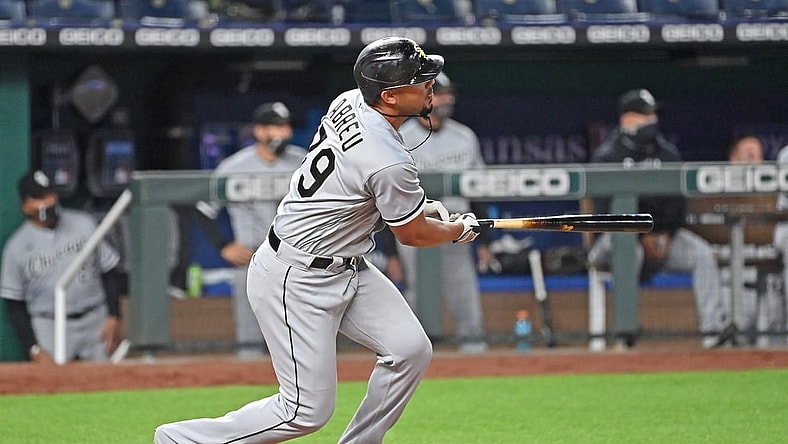 May 7, 2021; Kansas City, Missouri, USA;  Chicago White Sox first baseman Jose Abreu (79) doubles in a run during the sixth inning against the Kansas City Royals at Kauffman Stadium. Mandatory Credit: Peter Aiken-USA TODAY Sports