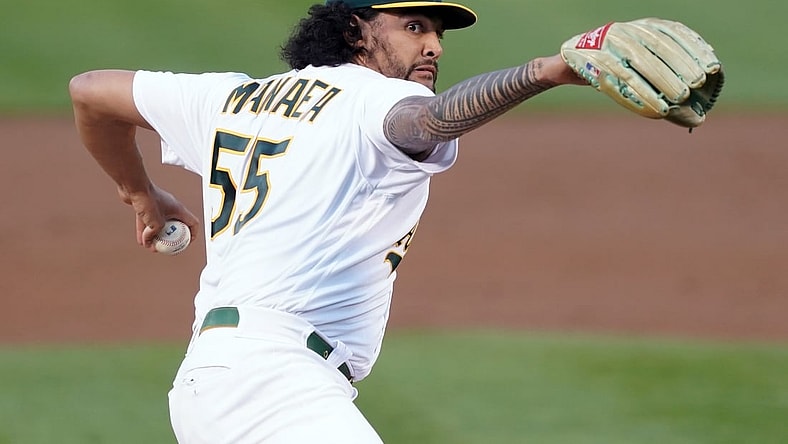 May 7, 2021; Oakland, California, USA; Oakland Athletics starting pitcher Sean Manaea (55) throws a pitch during the third inning against the Tampa Bay Rays at RingCentral Coliseum. Mandatory Credit: Darren Yamashita-USA TODAY Sports