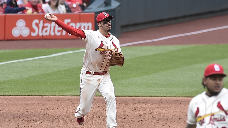 May 8, 2021; St. Louis, Missouri, USA; St. Louis Cardinals third baseman Nolan Arenado (28) throws to first for an out against the Colorado Rockies in the third inning at Busch Stadium. Mandatory Credit: Joe Puetz-USA TODAY Sports